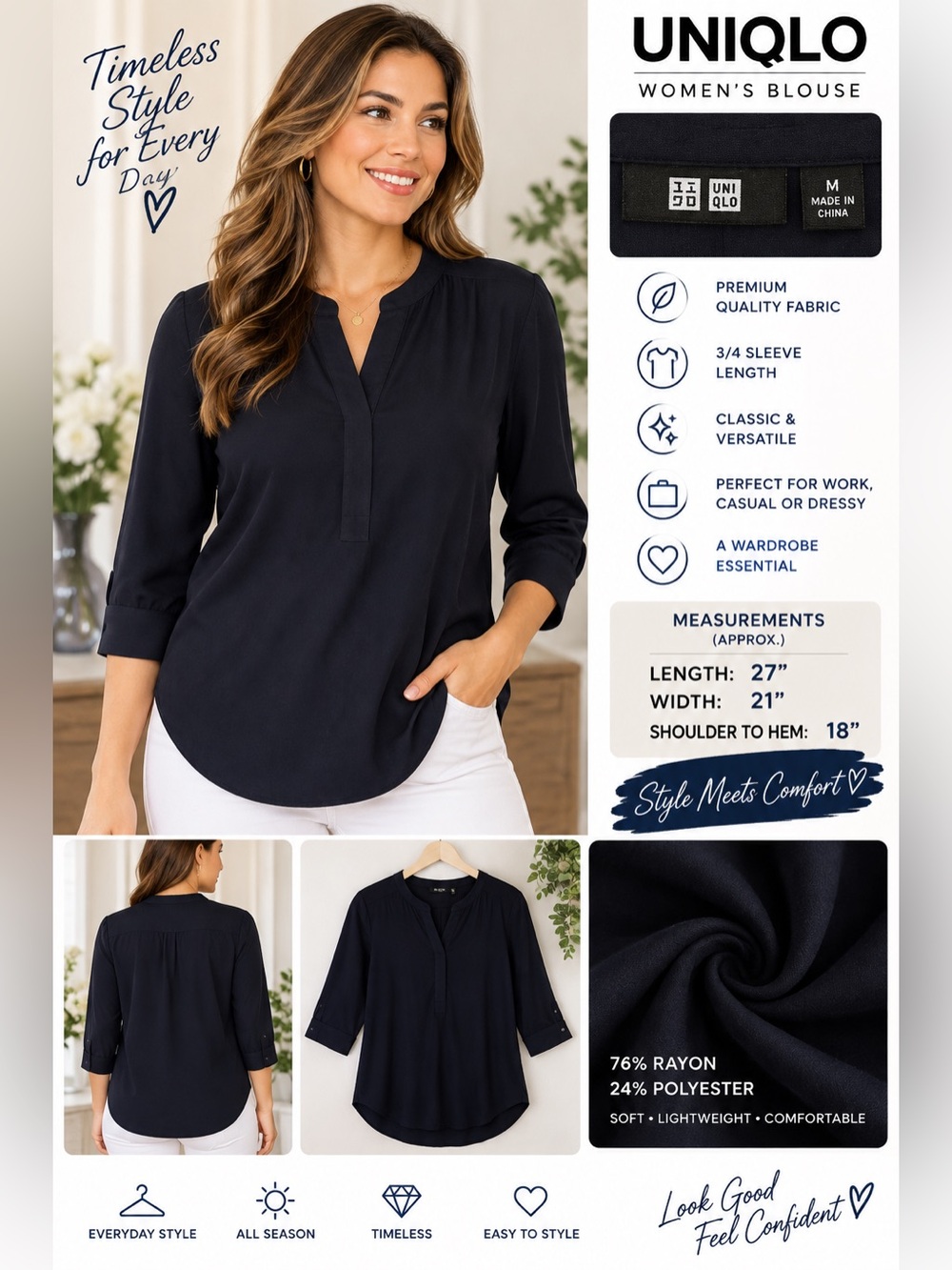 UNIQLO Women's Black V-Neck 3/4 Sleeve Pullover Blouse Rayon Blend Size M